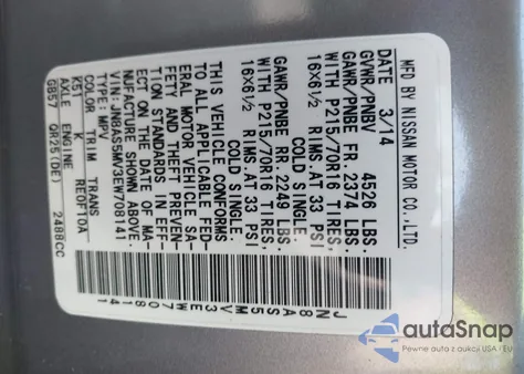 2014 Nissan Rogue Select S z USA, uszkodzony, nr VIN JN8AS5MV3EW708141